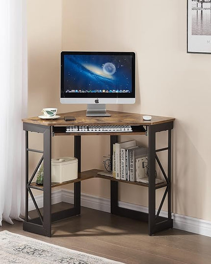 VECELO Corner Computer Desk Writing Smooth Keyboard Tray & Storage Shelves,Compact Home Office Triangle Table, Antique Brown - LeafyLoom