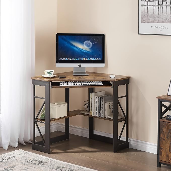 VECELO Corner Computer Desk Writing Smooth Keyboard Tray & Storage Shelves,Compact Home Office Triangle Table, Antique Brown - LeafyLoom