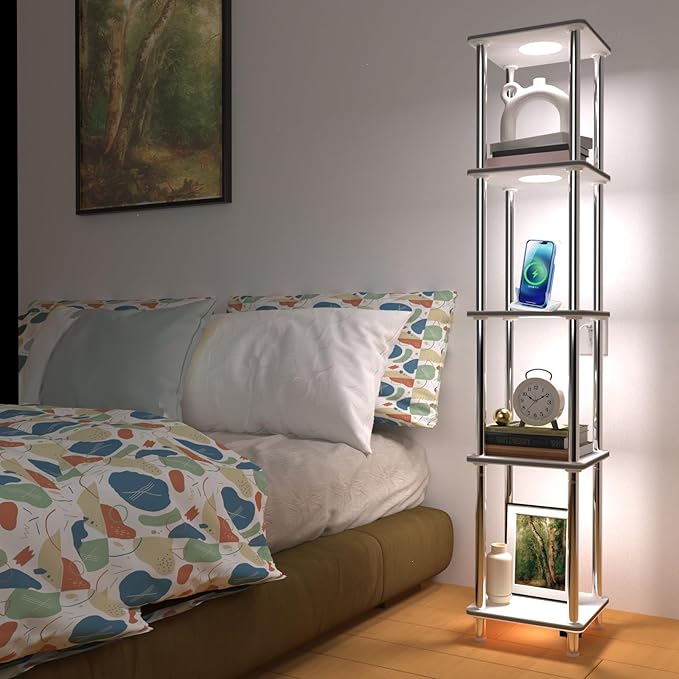 Kekeou RGBCW Floor Lamp with Shelves Tall Lamp Music Sync APP Control Standing Lamp with Wireless Charger & USB Port Color Changing Lamp with Shelves Work with Alexa White 5 Tier - LeafyLoom