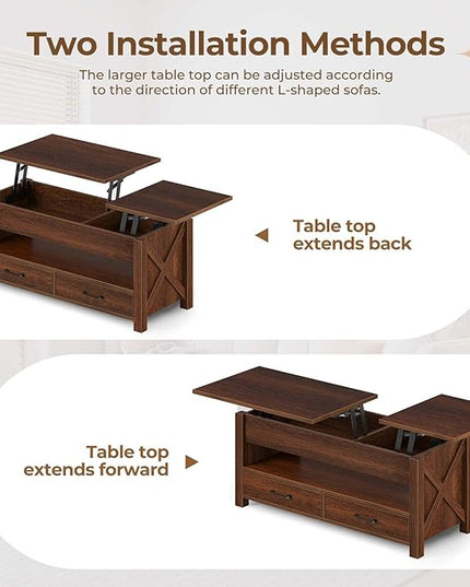 Seventable Coffee Table, 47.2" Lift Top Coffee Table with 2 Storage Drawers and Hidden Compartment, Farmhouse Center Table with Wooden Lift Tabletop, for Living Room,Espresso - LeafyLoom