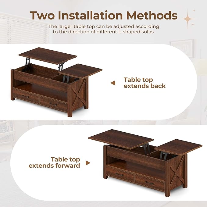 Seventable Coffee Table, 47.2" Lift Top Coffee Table with 2 Storage Drawers and Hidden Compartment, Farmhouse Center Table with Wooden Lift Tabletop, for Living Room,Espresso - LeafyLoom