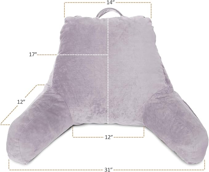 Clara Clark Reading Pillow, Standard Back Pillow for Sitting Up in Bed, Memory Foam Back Support Pillow, Reading Pillows for Sitting in Bed, Grey Lavender Sit Up Pillow for Bed Arm Pillow with Pockets - LeafyLoom