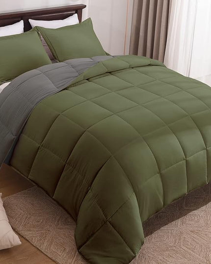 Basic Beyond King Size Comforter Set - Fluffy King Bed Comforter Set for All Seasons - Reversible Olive Green King Size Comforter Set - 3 Pieces (1 Comforter + 2 Pillow Shams) - Olive Green/Drak Gray - LeafyLoom