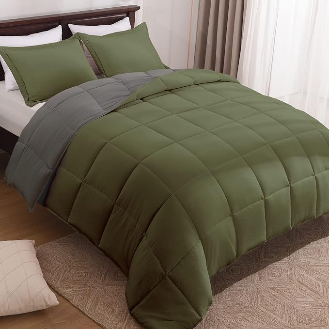 Basic Beyond Queen Comforter Set - Fluffy Comforter Queen Set for All Seasons - Reversible Olive Green Queen Comforter Set for Mens - 3 Pieces (1 Comforter + 2 Pillow Shams) - Olive Green/Drak Gray - LeafyLoom