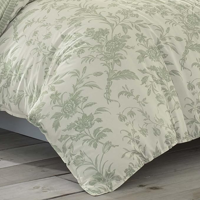 Laura Ashley - Queen Comforter Set, Reversible Cotton Bedding, Includes Matching Shams with Bonus Euro Shams & Throw Pillows (Natalie Sage/Off White, Queen) - LeafyLoom