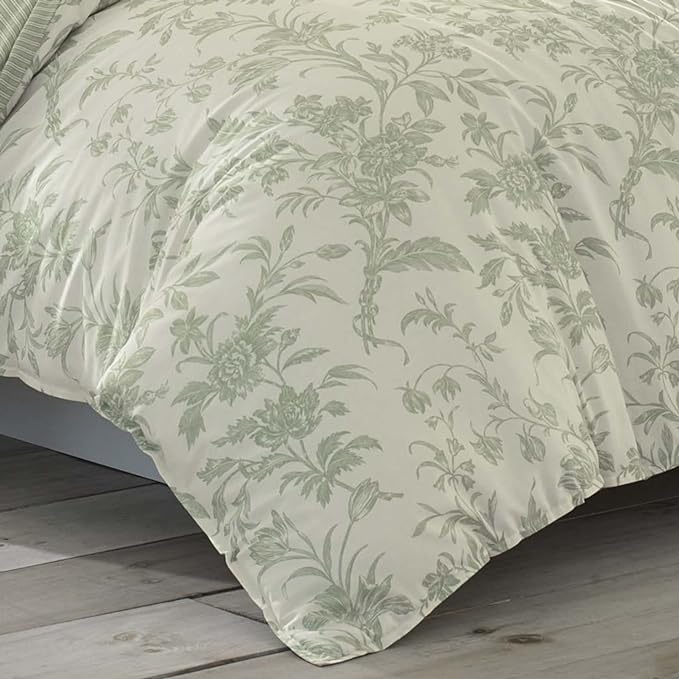 Laura Ashley Home - Twin Size Comforter Set, Reversible Cotton Bedding, Includes Matching Sham with Bonus Euro Sham & Throw Pillows (Natalie Sage/Off White, Twin) - LeafyLoom