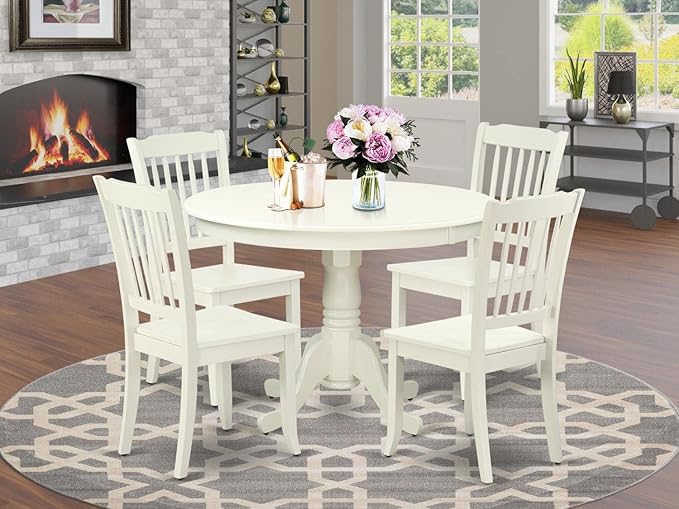 East West Furniture HLDA5-LWH-W 5 Piece Dining Room Table Set Includes a Round Kitchen Table with Pedestal and 4 Dining Chairs, 42x42 Inch, Linen White - LeafyLoom