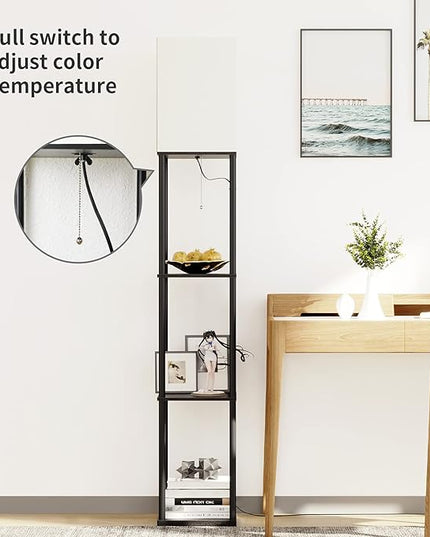 SUNMORY Floor Lamp with Shelves, Modern Square Standing Lamp with 3 Color Temperature Bulb, Corner Display Bookshelf Lamp for Living Room and Bedroom(Black) - LeafyLoom