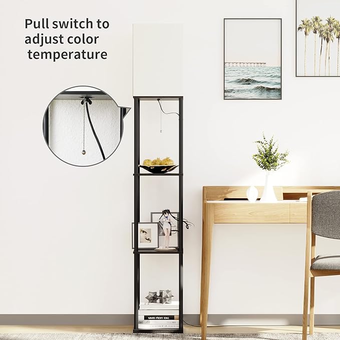 SUNMORY Floor Lamp with Shelves, Modern Square Standing Lamp with 3 Color Temperature Bulb, Corner Display Bookshelf Lamp for Living Room and Bedroom(Black) - LeafyLoom