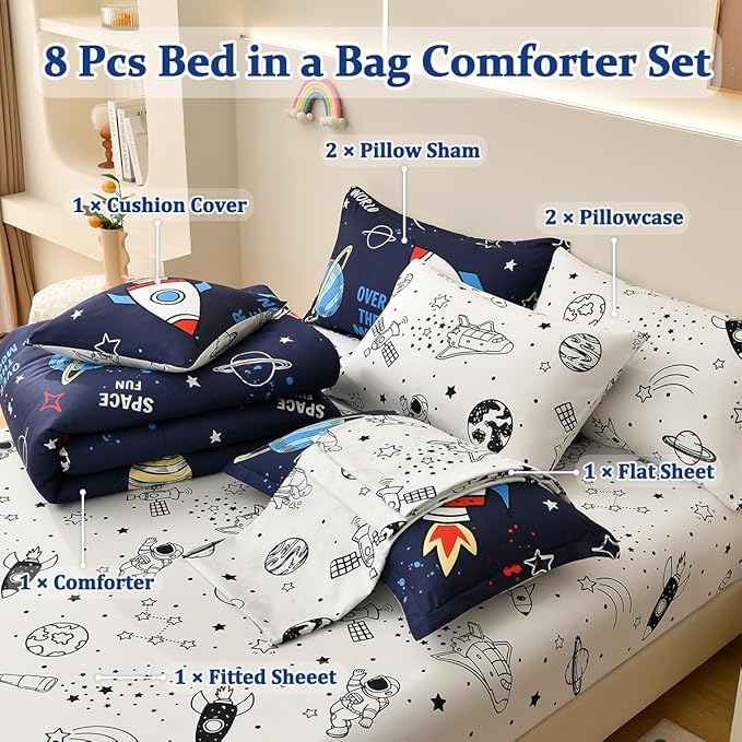 Rocket Comforter Set Full Size, 8 Piece Bed in a Bag Space Bedding Sets for Boys Girls Kids - LeafyLoom
