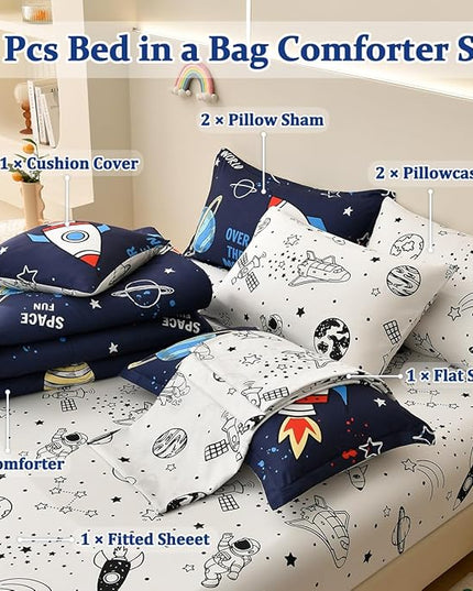 8 Piece Kid Comforter Set Twin Size Bed in a Bag, Space Rocket Bedding Set for Teen Boys Girls - LeafyLoom