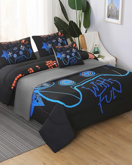 JQinHome Full Gaming Comforter Sets for Boys,6 Piece Bed in A Bag 3D Video Game Bedding -All Season Soft Microfiber Gamer Bedding Sets for Kids,Pillowcase, Flat Sheet, Fitted Sheet,Cushion Cover - LeafyLoom