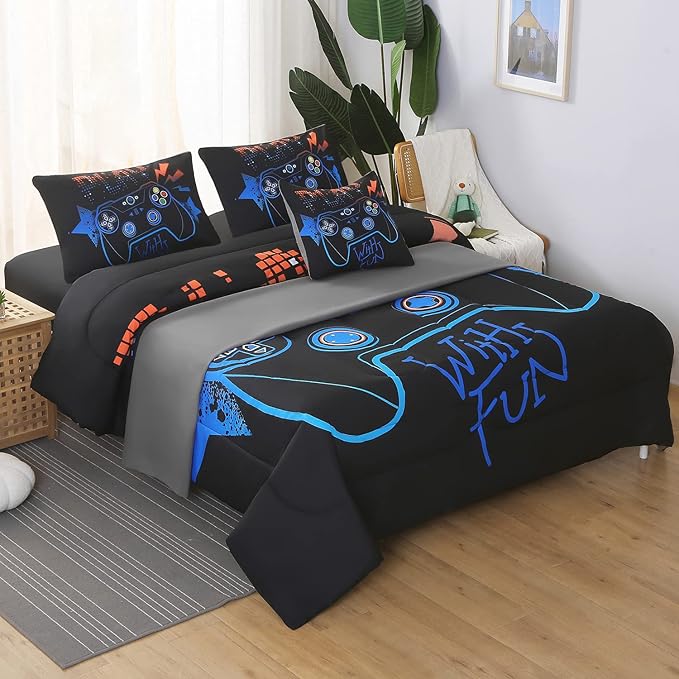 JQinHome Twin Gaming Comforter Sets for Boys,6 Piece Bed in A Bag 3D Video Game Bedding -All Season Soft Microfiber Gamer Bedding Sets for Kids, Pillowcase, Flat Sheet, Fitted Sheet,Cushion Cover - LeafyLoom