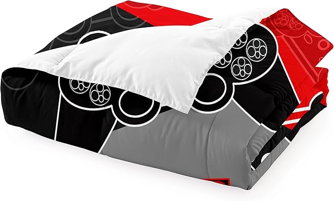 Gaming Bedding Sets for Boys Bedroom Soft Video Gamer Comforter Set Queen Size Black Red Game Controller Beddings for Kids Teens 1 Comforter and 2 Pillowcases - LeafyLoom
