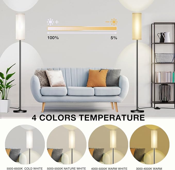 Floor Lamp for Living Room Bedroom,Modern LED Floor Lamp with Remote Control and Stepless Dimmable Colors Temperature & Brightness,Standing Lamps Tall Lamp, 9W Bulb Included(White) - LeafyLoom