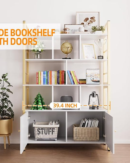 Gold and White Bookshelf with Doors, 4 Tier 39.4in Wide Heavy Duty Bookshelves with Cabinet Storage, Large Book Shelf 64.2" H x 39.4" W x 11.8" D Office Shelving, Wood & Metal Bookcase Living Room - LeafyLoom
