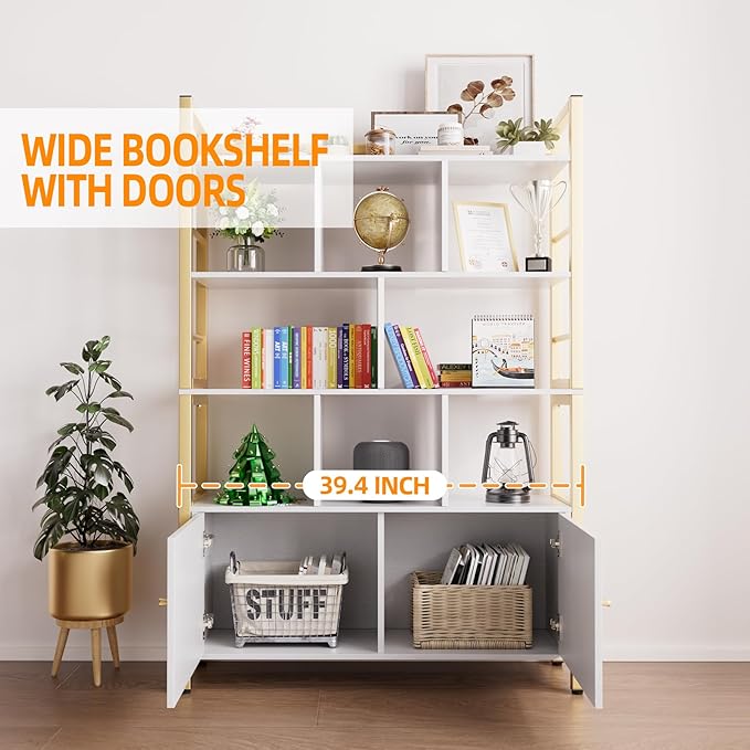 Gold and White Bookshelf with Doors, 4 Tier 39.4in Wide Heavy Duty Bookshelves with Cabinet Storage, Large Book Shelf 64.2" H x 39.4" W x 11.8" D Office Shelving, Wood & Metal Bookcase Living Room - LeafyLoom