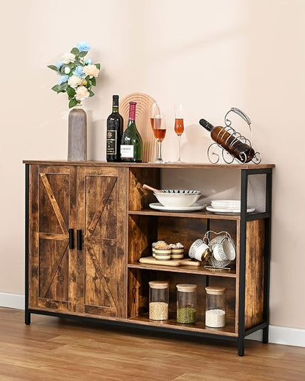 WEENFON Floor Storage Cabinet, Buffet Storage Cabinet with 2 Barn Doors, Industrial Sideboard with Adjustable Shelves, Buffet Table for Dining Room, Living Room, Kitchen, Rustic Brown - LeafyLoom