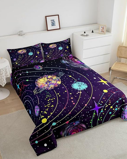Feelyou Solar System Comforter Set Queen Size Outer Space Comforter for Kids Teens Adults Universe Planets Bedding Set Cute Astronaut Purple Duvet Set Room Decor 3Pcs with 2 Pillow Case - LeafyLoom