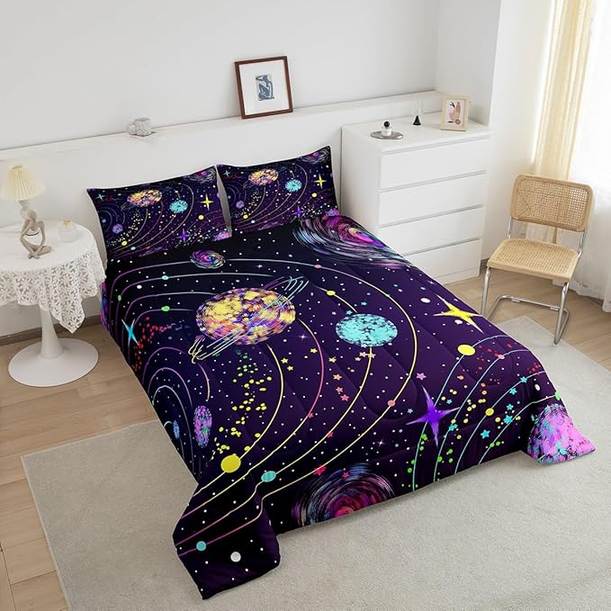 Feelyou Solar System Comforter Set Full Size Outer Space Comforter for Kids Teens Adults Universe Planets Bedding Set Cute Astronaut Purple Duvet Set Room Decor 3Pcs with 2 Pillow Case - LeafyLoom