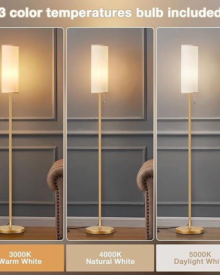 Ambimall Floor Lamp for Living Room with 3 Color Temperatures Bulb, 64" Standing lamp with Linen lampshade for Bedroom, Minimalist Pole Lamp, Beige Shade & Gold Pole - LeafyLoom