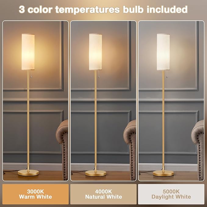 Ambimall Floor Lamp for Living Room with 3 Color Temperatures Bulb, 64" Standing lamp with Linen lampshade for Bedroom, Minimalist Pole Lamp, Beige Shade & Gold Pole - LeafyLoom