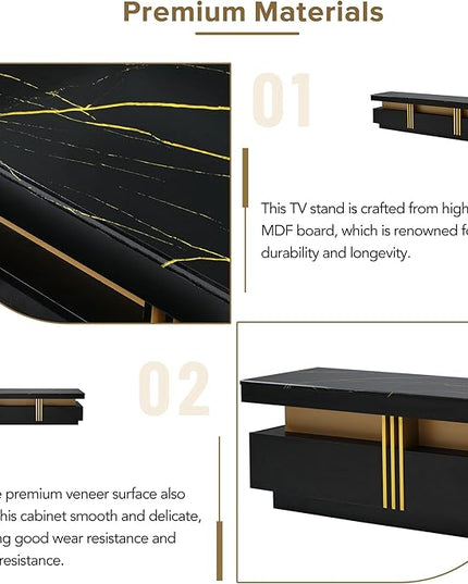 Merax Luxury TV Stand with High Gloss Faux Marble Top, Golden Panel Design, and 3 Drawers for Televisions Up to 78'', Rectangle Media Console, Practical Entertainment Center for Living Room, Black - LeafyLoom