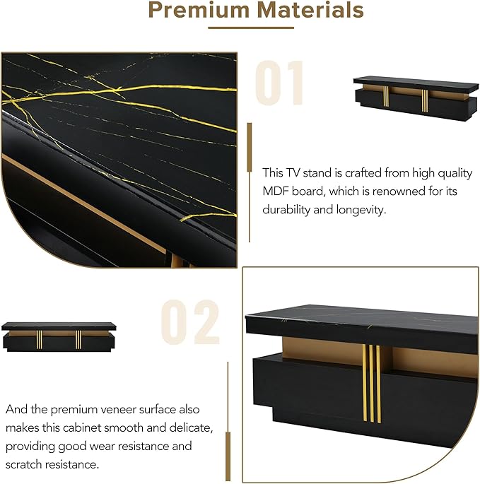 Merax Luxury TV Stand with High Gloss Faux Marble Top, Golden Panel Design, and 3 Drawers for Televisions Up to 78'', Rectangle Media Console, Practical Entertainment Center for Living Room, Black - LeafyLoom