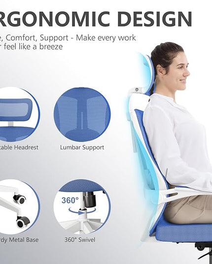 Office Chair with 350LBS Capacity,Ergonomic Comfy Home Desk Chair,High Back Gaming Chair with Wheels,Mesh Computer Chair,Lumbar Support, Adjustable Headrest,Flip-up Armrest - LeafyLoom