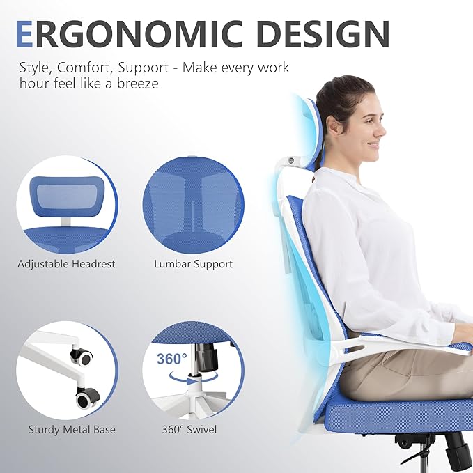 Office Chair with 350LBS Capacity,Ergonomic Comfy Home Desk Chair,High Back Gaming Chair with Wheels,Mesh Computer Chair,Lumbar Support, Adjustable Headrest,Flip-up Armrest - LeafyLoom