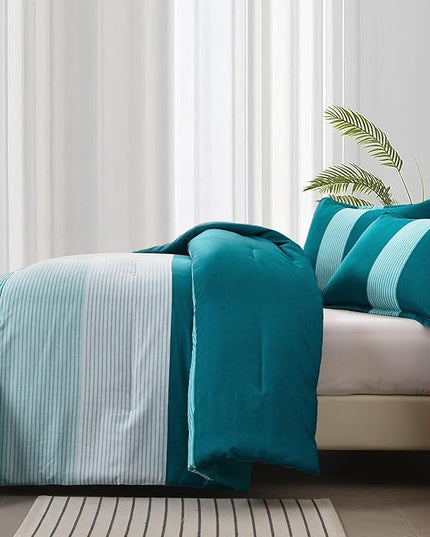 WONGS BEDDING Comforter Set King, Reversible Teal Blue Striped Patchwork Down Alternative Comforter for King Bed,3 Pieces (1 Comforter+2 Pillowcases), Soft Microfiber Bedding Set 104"×90" - LeafyLoom