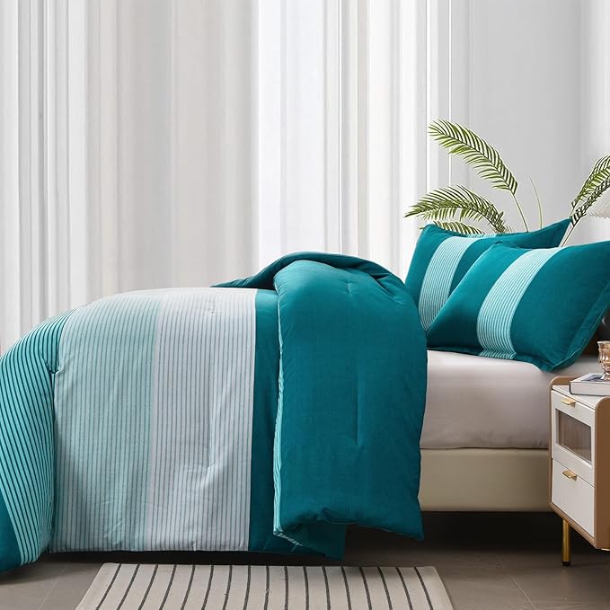 WONGS BEDDING Comforter Set Queen, Reversible Teal Blue Striped Patchwork Down Alternative Comforter for Queen Bed,3 Pieces (1 Comforter+2 Pillowcases), Soft Microfiber Bedding Set 90"×90" - LeafyLoom