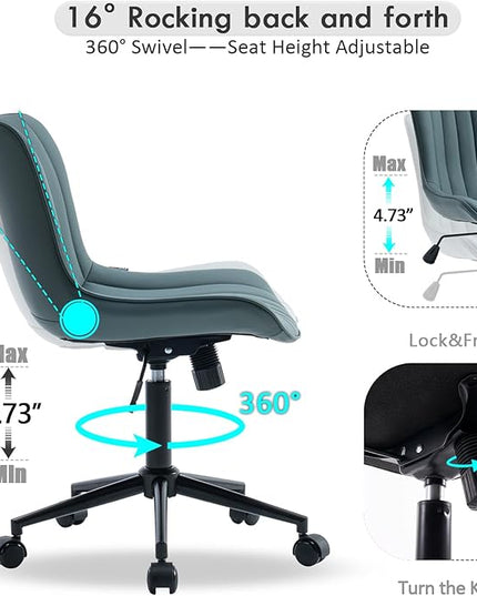 YOUNIKE Armless Office Chair Swivel Desk Chair with Wheels Upholstered Leather Computer Chair Adjustable Task Chair Modern Rolling Chair with Back, Greyish Green - LeafyLoom