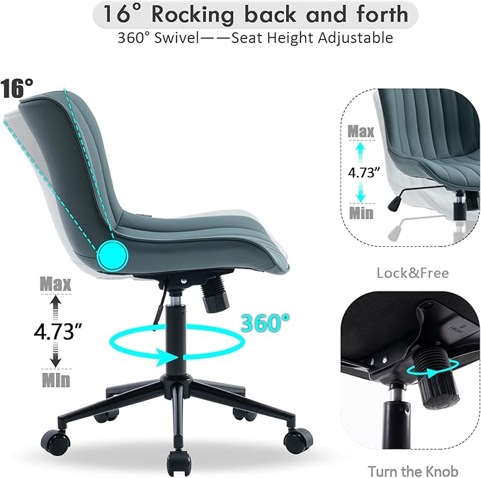 YOUNIKE Armless Office Chair Swivel Desk Chair with Wheels Upholstered Leather Computer Chair Adjustable Task Chair Modern Rolling Chair with Back, Greyish Green - LeafyLoom