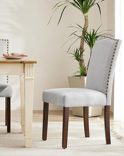 MCQ Upholstered Dining Chairs Set of 2, Modern Upholstered Fabric Dining Room Chair with Nailhead Trim and Wood Legs, Mid-Century Accent Dinner Chair for Living Room, Kitchen, Grey - LeafyLoom