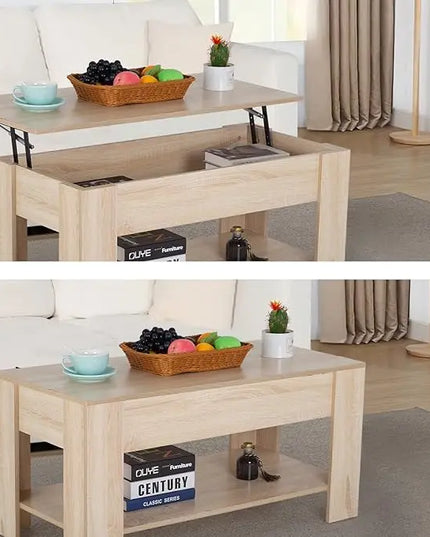 FDW Lift Top Coffee Table with Hidden Compartment and Storage Shelf Wooden Lift Tabletop for Home Living Room Reception Room Office (Natural) - LeafyLoom