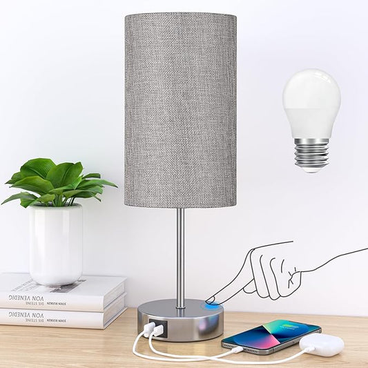 AKASUKI Table Lamp for Bedroom, 3 Way Dimmable Touch Lamp with Dual Charging Station, Small Bedside Lamps for Night Stands, Living Room, Office(LED Bulb Included) - LeafyLoom