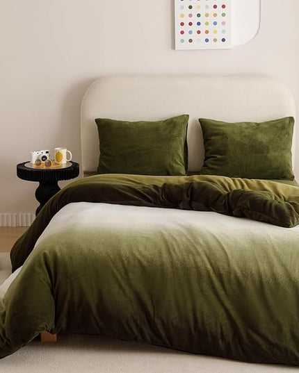 Wellboo Army Green Gradient Comforter Sets Full Green White Fluffy Bedding Comforters Modern Gradient Dark Green Flannel Quilts Farmhouse Abstract Art Watercolor Comforters Sherpa Fuzzy Plush Bedding - LeafyLoom