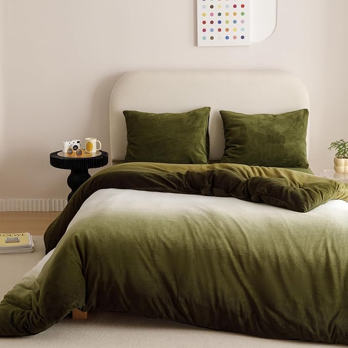 Wellboo Army Green Gradient Comforter Sets Full Green White Fluffy Bedding Comforters Modern Gradient Dark Green Flannel Quilts Farmhouse Abstract Art Watercolor Comforters Sherpa Fuzzy Plush Bedding - LeafyLoom