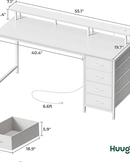 55 Inch Computer Desk with Power Outlets and LED Lights, Gaming Desk with 4 Drawers, Office Desk with Monitor Stand, Study Desk Work Desk for Home Office, White - LeafyLoom