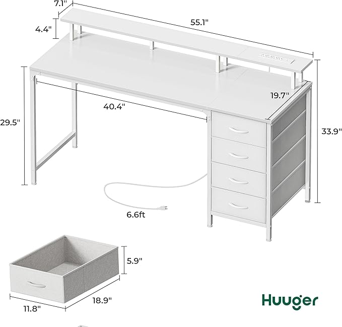 55 Inch Computer Desk with Power Outlets and LED Lights, Gaming Desk with 4 Drawers, Office Desk with Monitor Stand, Study Desk Work Desk for Home Office, White - LeafyLoom