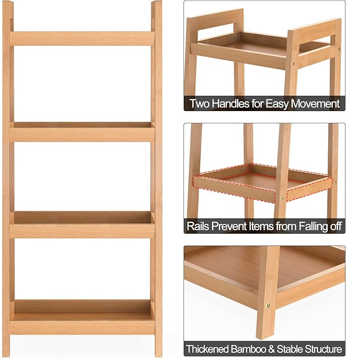 Bamboo Bookshelf, 4 Tier Ladder Shelf, Freestanding Storage Shelf Rack for Bathroom, Kitchen, Living Room - LeafyLoom