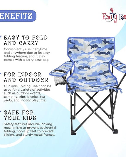 Emily Rose Kids Folding Chair | Beach Chair with Safety Lock- Camping Chair for Boyos Girls Toddler with Cup Holder & Carry Case- Tailgate, Travel, Lawn- for Indoor & Outdoor (Blue Camo) - LeafyLoom