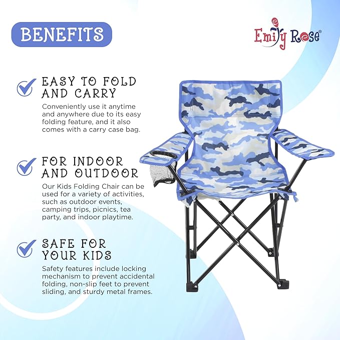 Emily Rose Kids Folding Chair | Beach Chair with Safety Lock- Camping Chair for Boyos Girls Toddler with Cup Holder & Carry Case- Tailgate, Travel, Lawn- for Indoor & Outdoor (Blue Camo) - LeafyLoom
