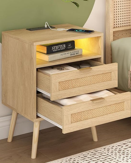 Rattan Nightstand with Charging Station USB Port Led Lights and 2 Storage Drawers, Bedroom Furniture Night Stand Bedside Table Bed Side Table End Table Sofa Table (1 Pack) - LeafyLoom
