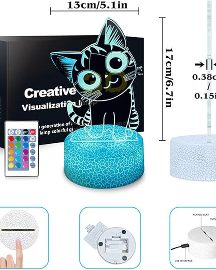 Cat Night Light Cat Gifts for Kids 3D Cat Lamp Kids Bedside Lamp 16 Color Change Decor Lamp with Remote & Smart Touch, Gifts for Christmas Birthday Boys Girls - LeafyLoom