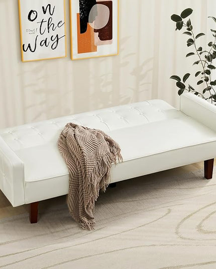 IULULU Futon Sofa Bed, Modern Convertible Faux Leather Sleeper Couch with Armrests for Studio, Office, Apartment, Compact Living, Game Room, Overnight Guests, Retro White - LeafyLoom