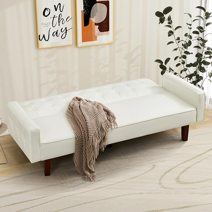 IULULU Futon Sofa Bed, Modern Convertible Faux Leather Sleeper Couch with Armrests for Studio, Office, Apartment, Compact Living, Game Room, Overnight Guests, Retro White - LeafyLoom