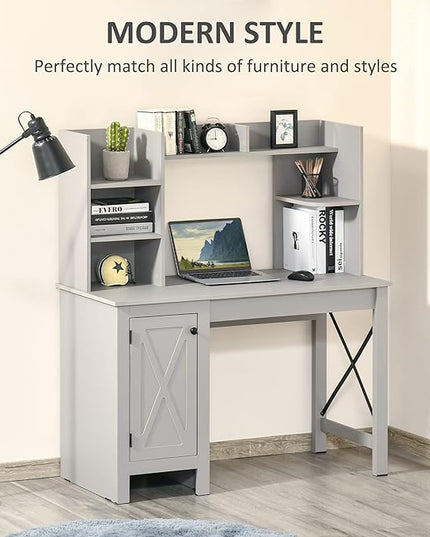 HOMCOM Farmhouse Computer Desk with Hutch and Cabinet, Home office Desk with Storage, for Study, Light Grey - LeafyLoom