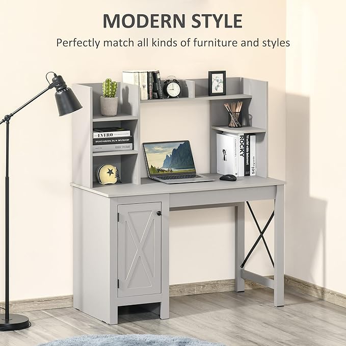 HOMCOM Farmhouse Computer Desk with Hutch and Cabinet, Home office Desk with Storage, for Study, Light Grey - LeafyLoom